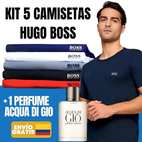 Liquidación de fábrica - ¡Paga por 5 camisetas Hugo Boss y recibe un perfume Acqua di Gio gratis!